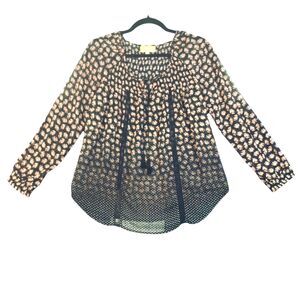 Sheer Boho Tassels Top Size M Long Sleeve V-Neck Flowy Black Pink